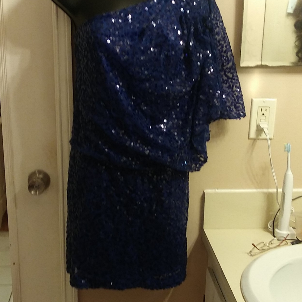A blue with sequins angel armed cocktail dress